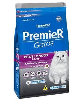 Ração Premier Gatos Adultos Pelos Longos Ambiente Interno Salmão 7,5kg