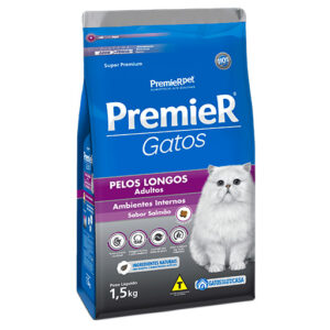 Ração Premier Gatos Adultos Pelos Longos Ambiente Interno Salmão 1,5kg