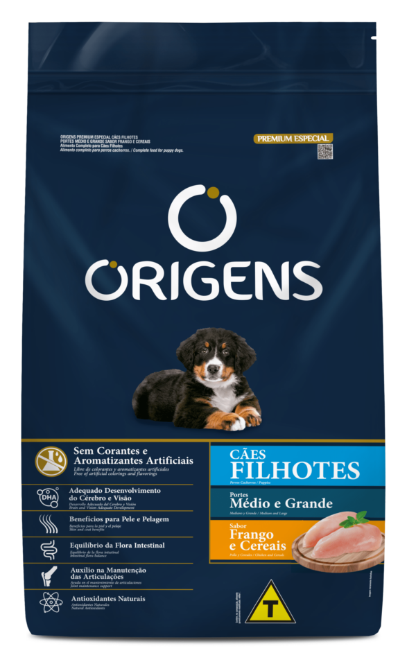 RAÇÃO ORIGENS PREMIUM ESPECIAL CÃES FILHOTES PORTE MÉDIO E GRANDE SABOR FRANGO E CEREAIS 15KG