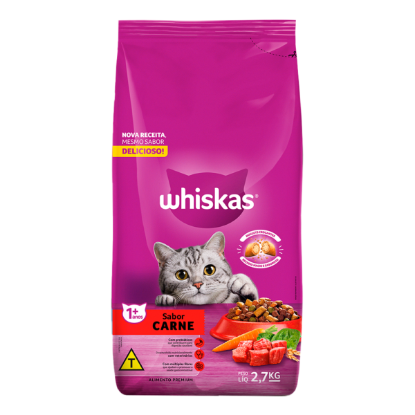 RAÇÃO SECA WHISKAS GATOS ADULTOS SABOR CARNE 2,7KG