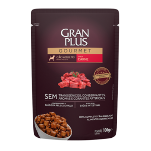 RAÇÃO ÚMIDA GRAN PLUS CÃES ADULTOS GOURMET SACHÊ SABOR CARNE 100GR